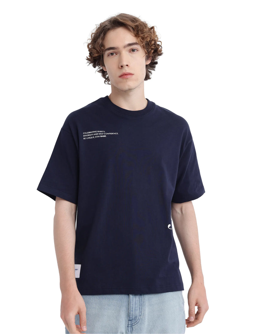 Rare Rabbit Men's Zolt Navy Cotton Typography Print Boxy Fit Half Sleeve Crew Neck T-Shirt