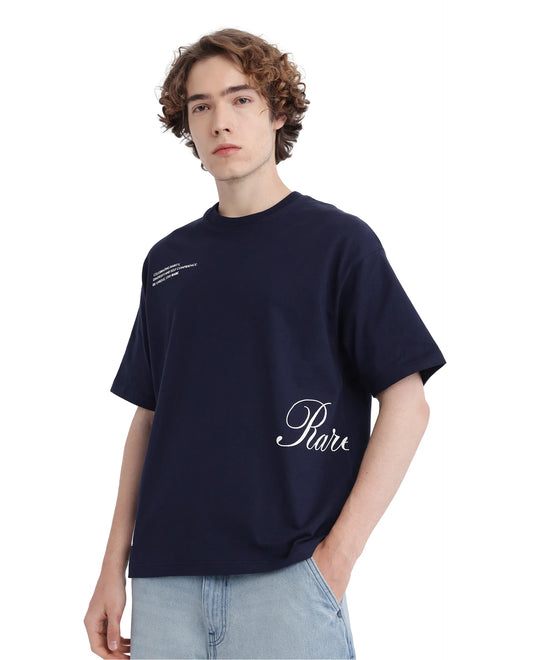 Rare Rabbit Men's Zolt Navy Cotton Typography Print Boxy Fit Half Sleeve Crew Neck T-Shirt