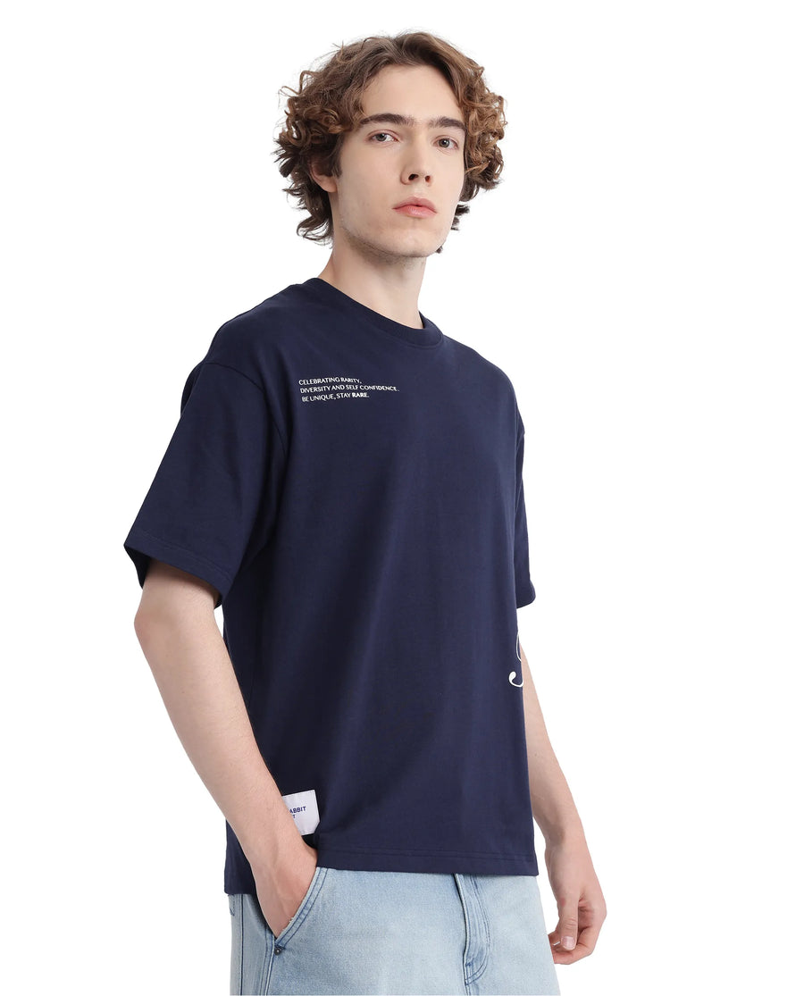 Rare Rabbit Men's Zolt Navy Cotton Typography Print Boxy Fit Half Sleeve Crew Neck T-Shirt
