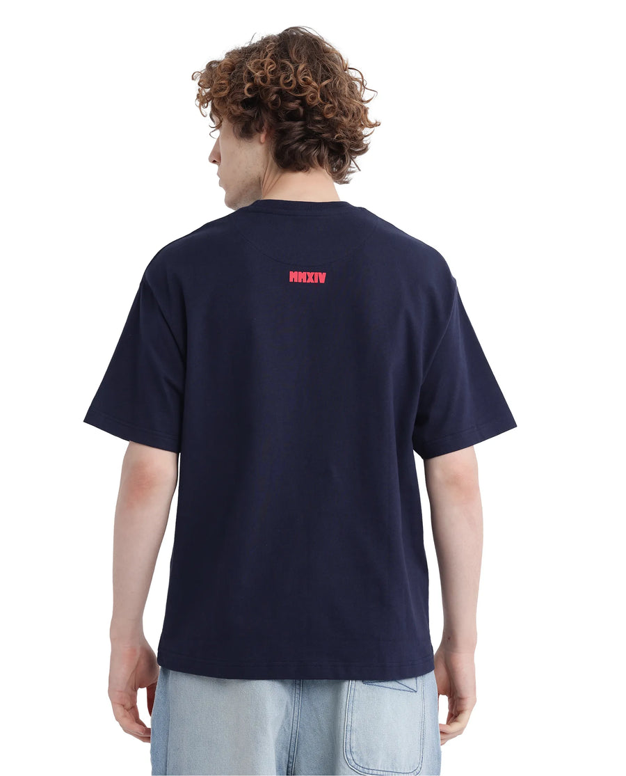 Rare Rabbit Men's Zolt Navy Cotton Typography Print Boxy Fit Half Sleeve Crew Neck T-Shirt