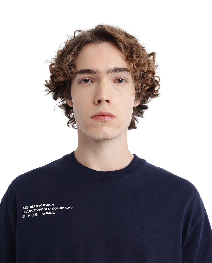 Rare Rabbit Men's Zolt Navy Cotton Typography Print Boxy Fit Half Sleeve Crew Neck T-Shirt