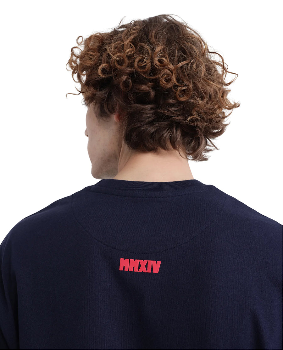 Rare Rabbit Men's Zolt Navy Cotton Typography Print Boxy Fit Half Sleeve Crew Neck T-Shirt