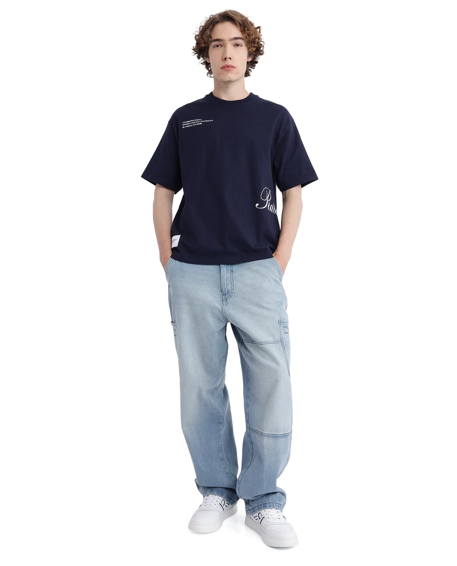 Rare Rabbit Men's Zolt Navy Cotton Typography Print Boxy Fit Half Sleeve Crew Neck T-Shirt