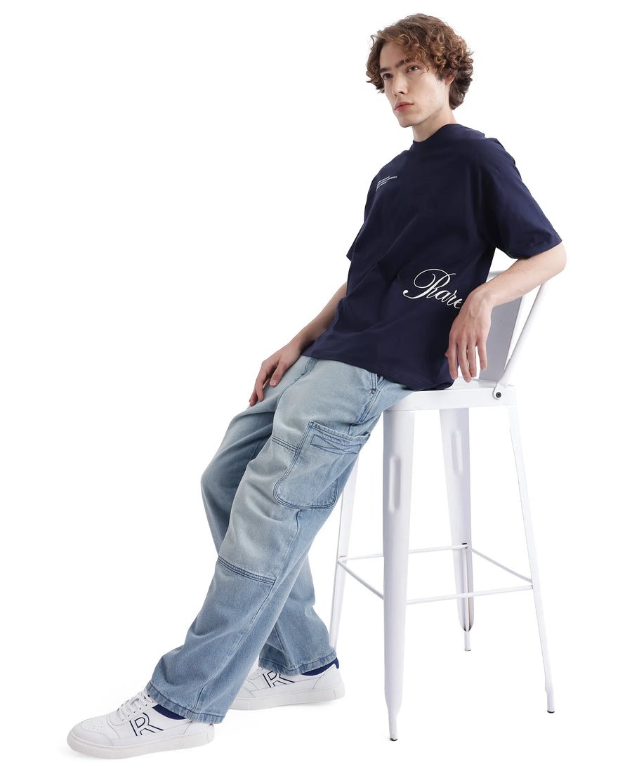 Rare Rabbit Men's Zolt Navy Cotton Typography Print Boxy Fit Half Sleeve Crew Neck T-Shirt