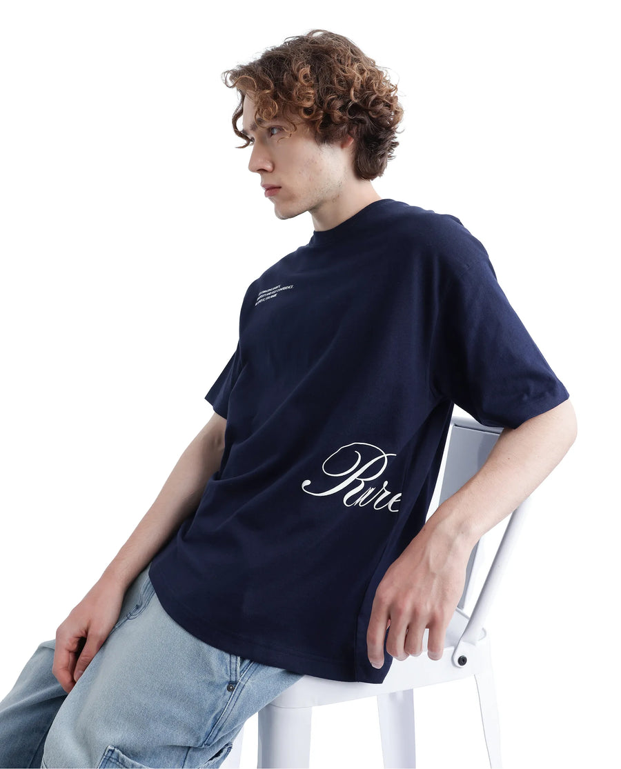 Rare Rabbit Men's Zolt Navy Cotton Typography Print Boxy Fit Half Sleeve Crew Neck T-Shirt