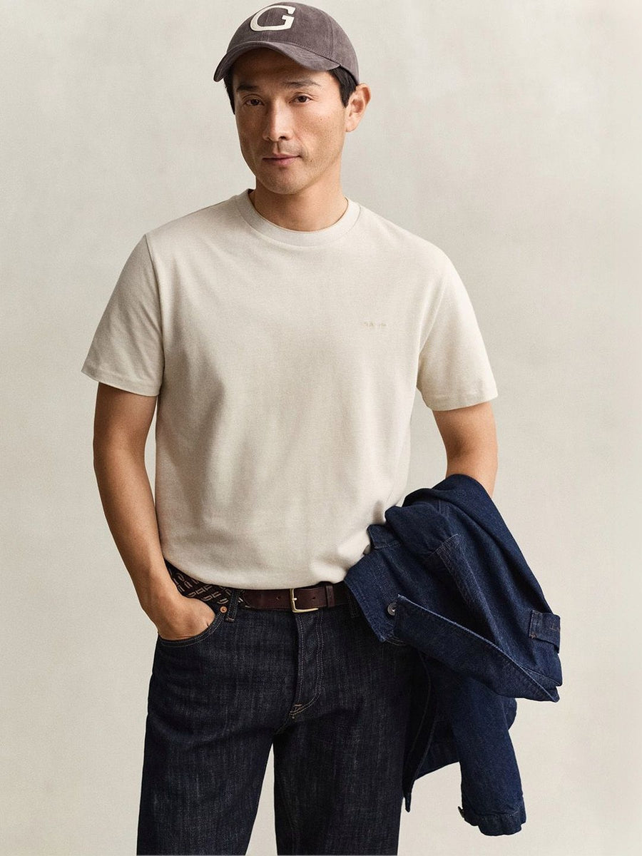 Gant Men Beige Solid Regular Fit Pique T-Shirt