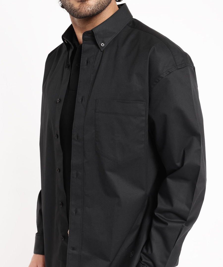 Rare Rabbit Men's Zord Black Cotton Plain Boxy Fit Full Sleeve Collared Shirt