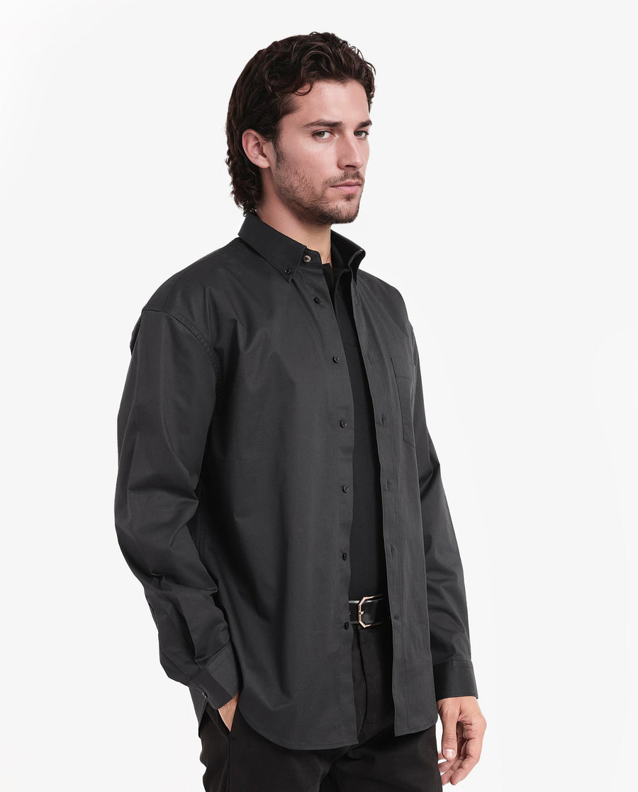 Rare Rabbit Men's Zord Black Cotton Plain Boxy Fit Full Sleeve Collared Shirt