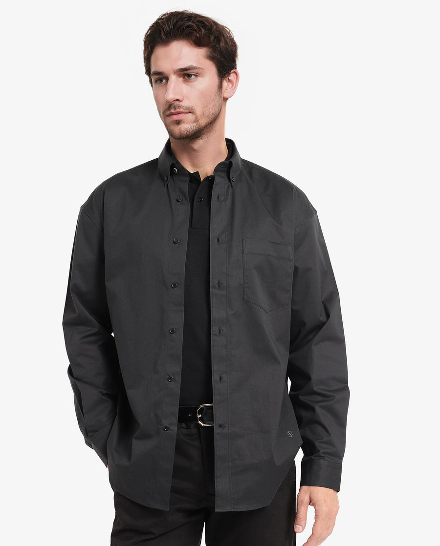 Rare Rabbit Men's Zord Black Cotton Plain Boxy Fit Full Sleeve Collared Shirt