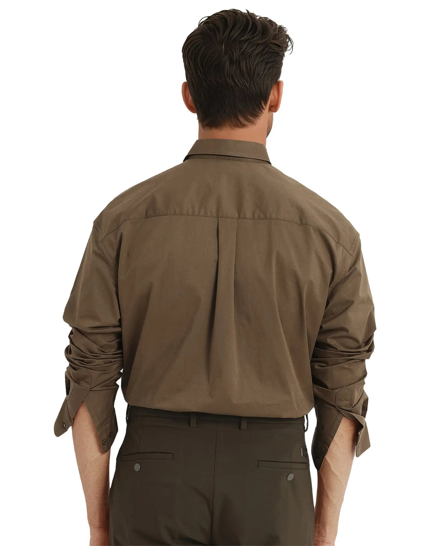 Rare Rabbit Men's Zord Brown Cotton Plain Boxy Fit Full Sleeve Collared Shirt