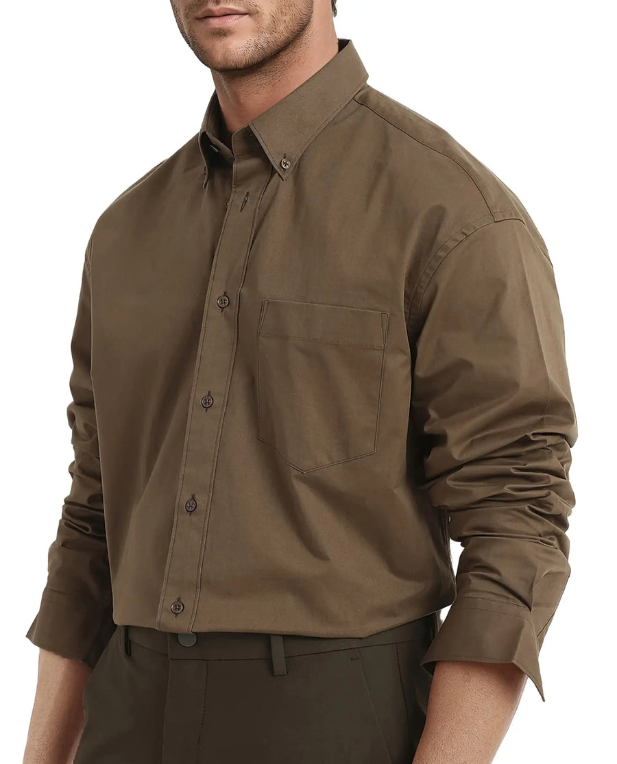 Rare Rabbit Men's Zord Brown Cotton Plain Boxy Fit Full Sleeve Collared Shirt