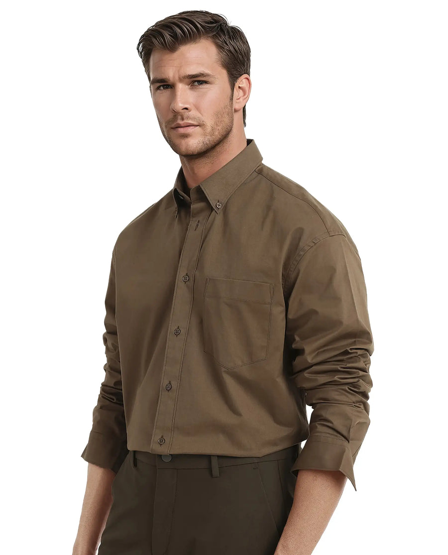 Rare Rabbit Men's Zord Brown Cotton Plain Boxy Fit Full Sleeve Collared Shirt