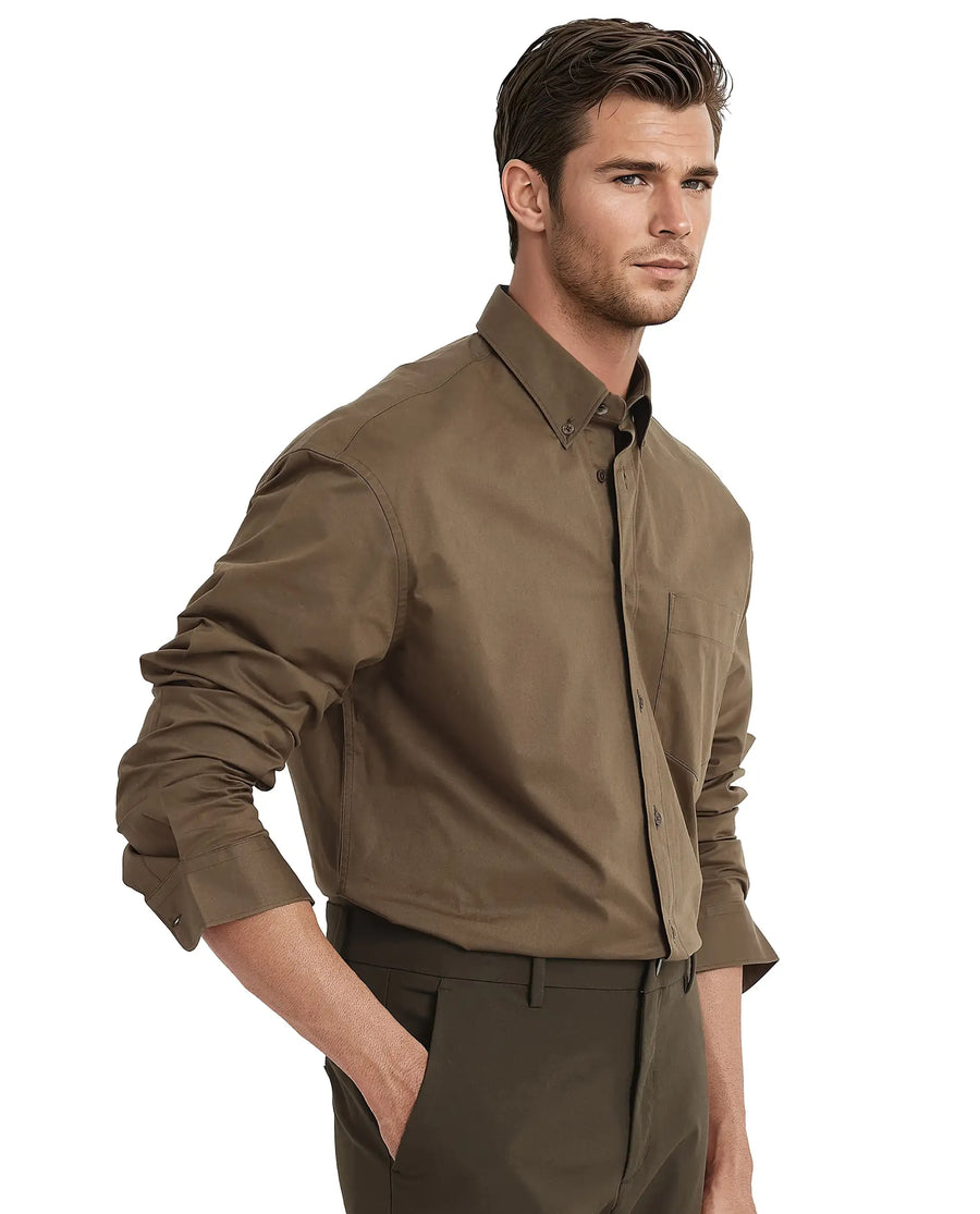 Rare Rabbit Men's Zord Brown Cotton Plain Boxy Fit Full Sleeve Collared Shirt