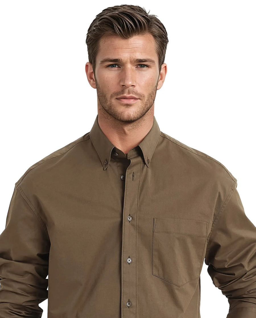 Rare Rabbit Men's Zord Brown Cotton Plain Boxy Fit Full Sleeve Collared Shirt