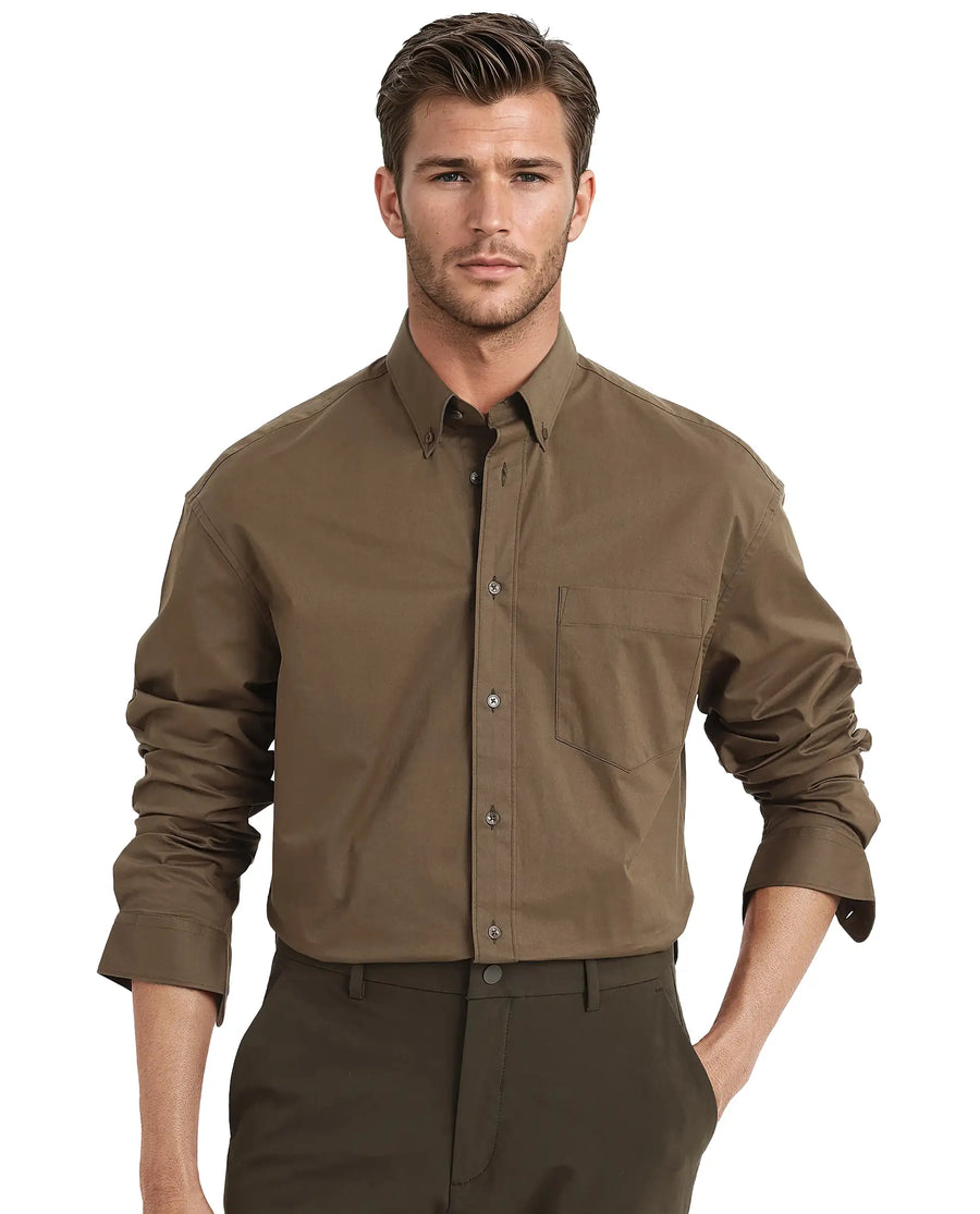 Rare Rabbit Men's Zord Brown Cotton Plain Boxy Fit Full Sleeve Collared Shirt