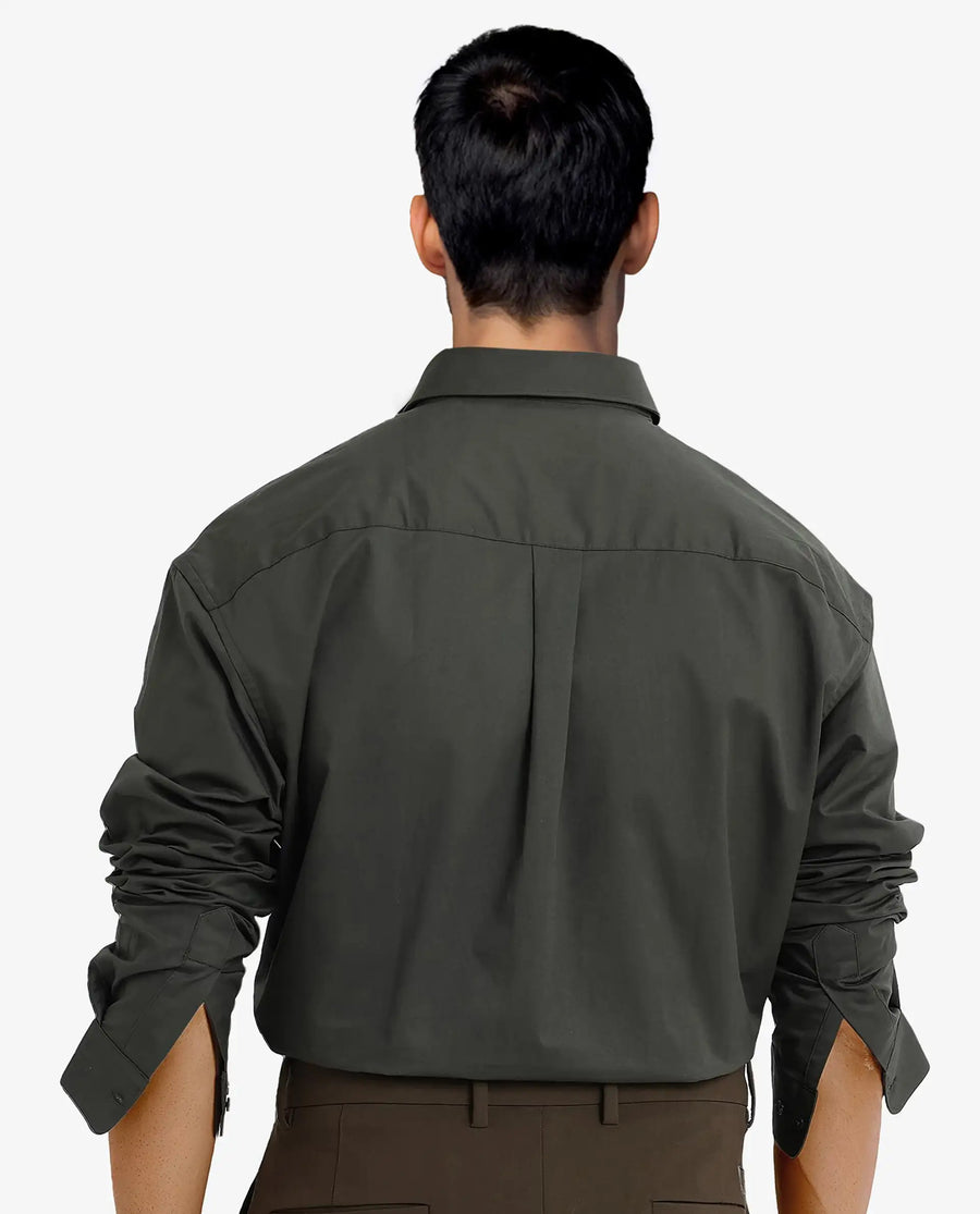 Rare Rabbit Men's Zord Dark Olive Cotton Plain Boxy Fit Full Sleeve Collared Shirt