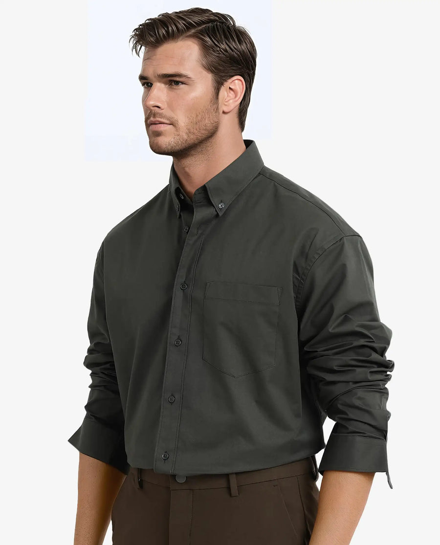 Rare Rabbit Men's Zord Dark Olive Cotton Plain Boxy Fit Full Sleeve Collared Shirt