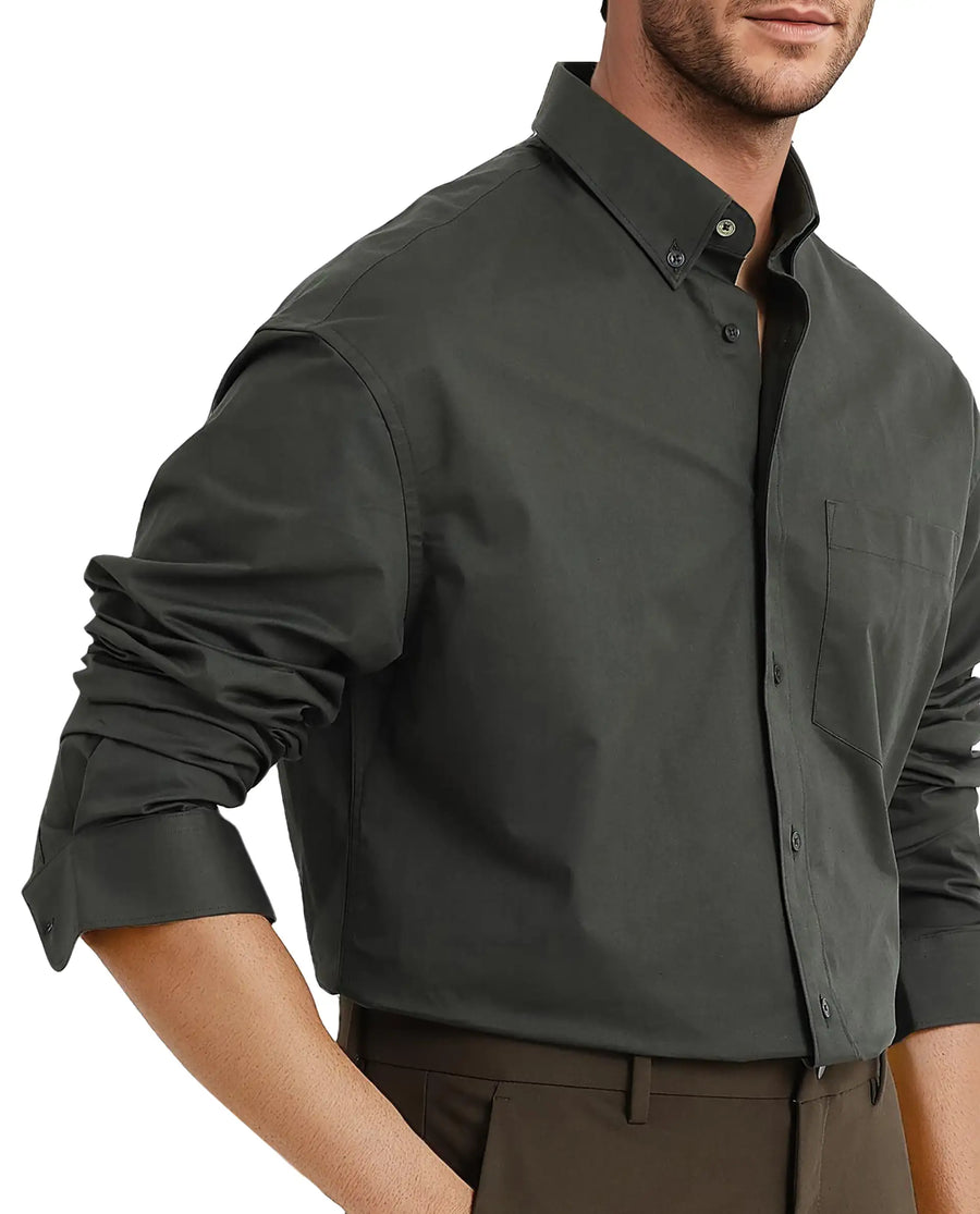 Rare Rabbit Men's Zord Dark Olive Cotton Plain Boxy Fit Full Sleeve Collared Shirt