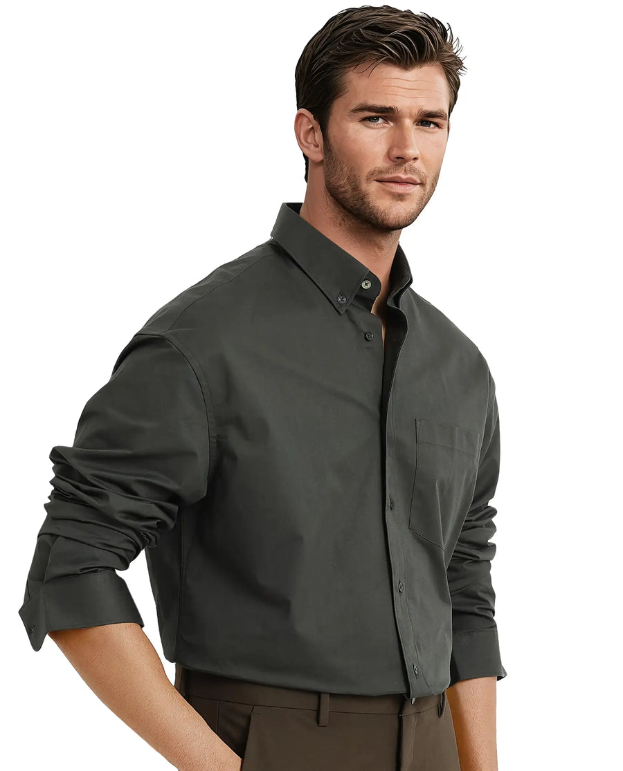 Rare Rabbit Men's Zord Dark Olive Cotton Plain Boxy Fit Full Sleeve Collared Shirt