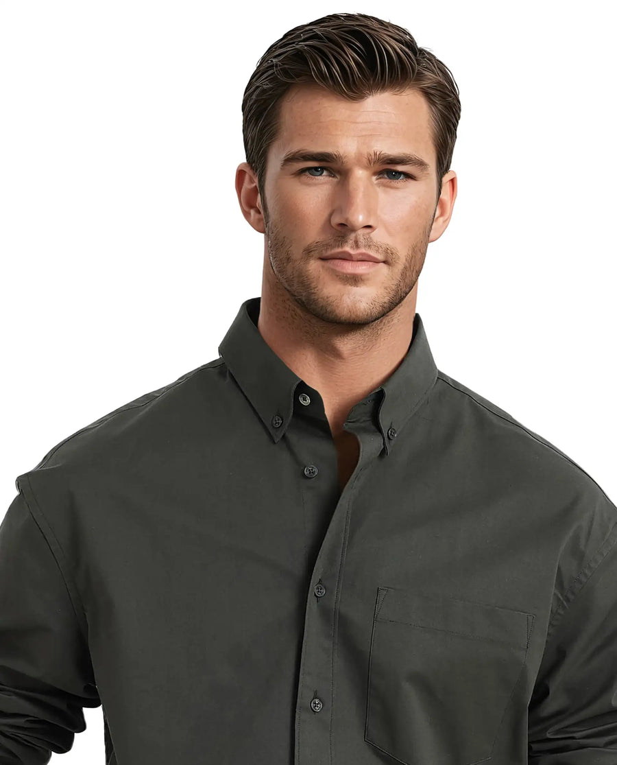 Rare Rabbit Men's Zord Dark Olive Cotton Plain Boxy Fit Full Sleeve Collared Shirt