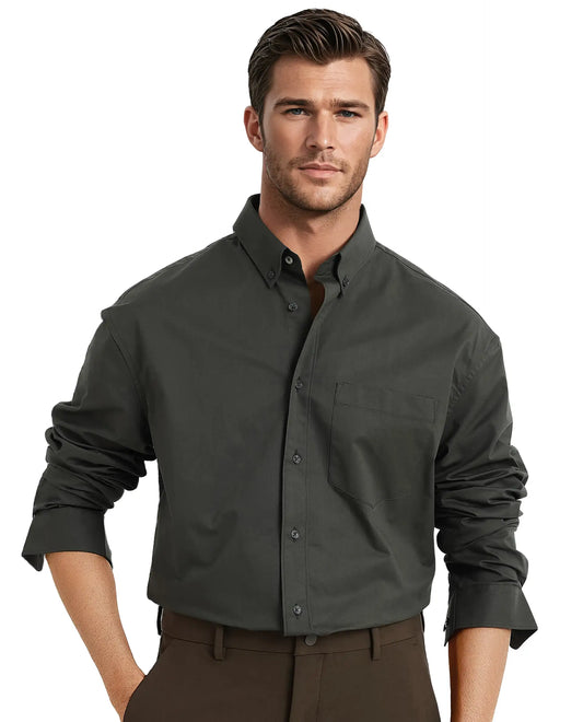 Rare Rabbit Men's Zord Dark Olive Cotton Plain Boxy Fit Full Sleeve Collared Shirt
