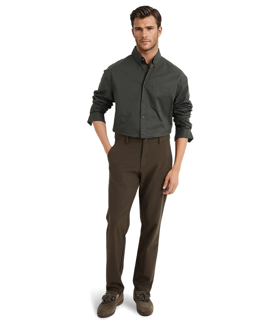 Rare Rabbit Men's Zord Dark Olive Cotton Plain Boxy Fit Full Sleeve Collared Shirt