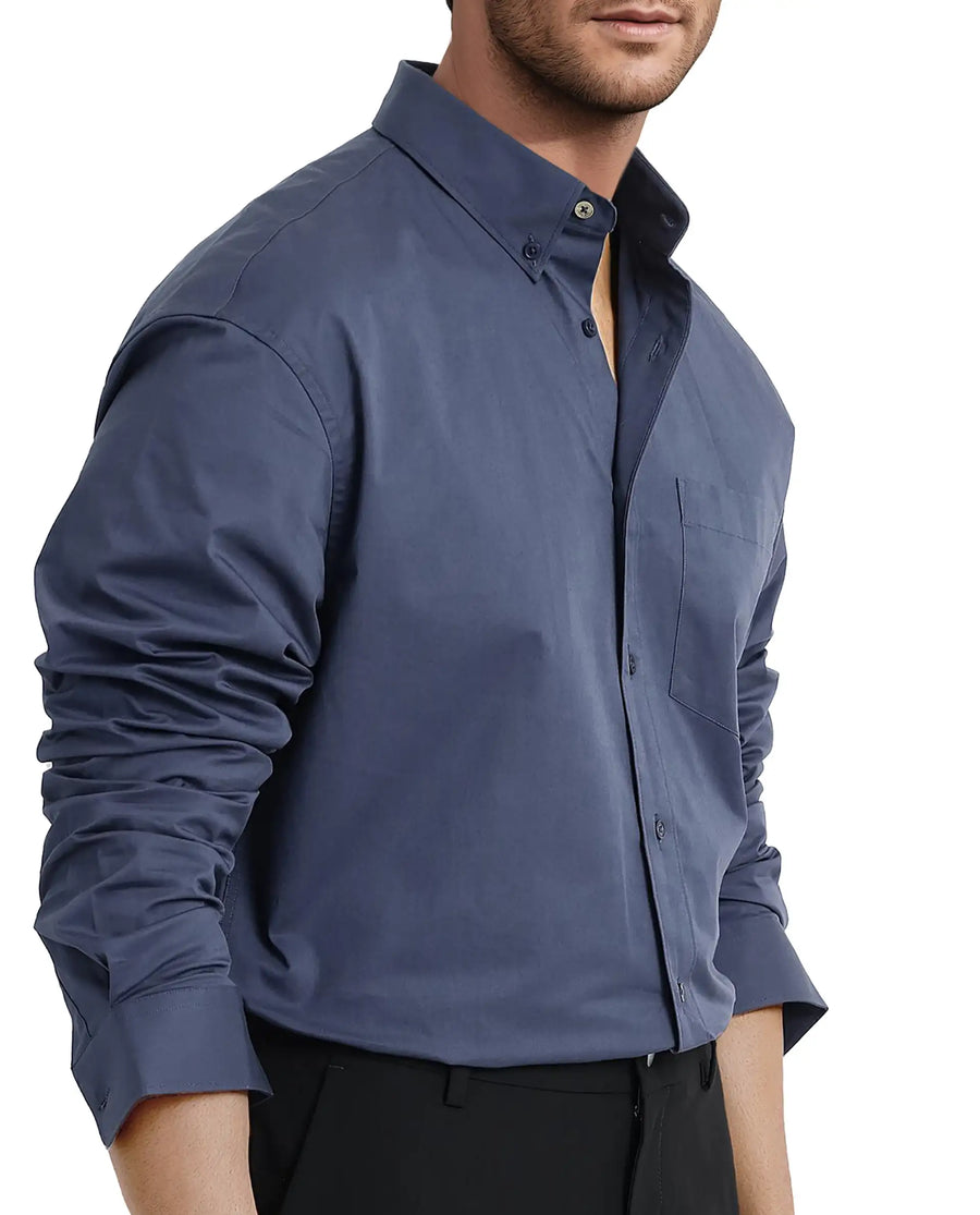 Rare Rabbit Men's Zord Dusky Blue Cotton Plain Boxy Fit Full Sleeve Collared Shirt