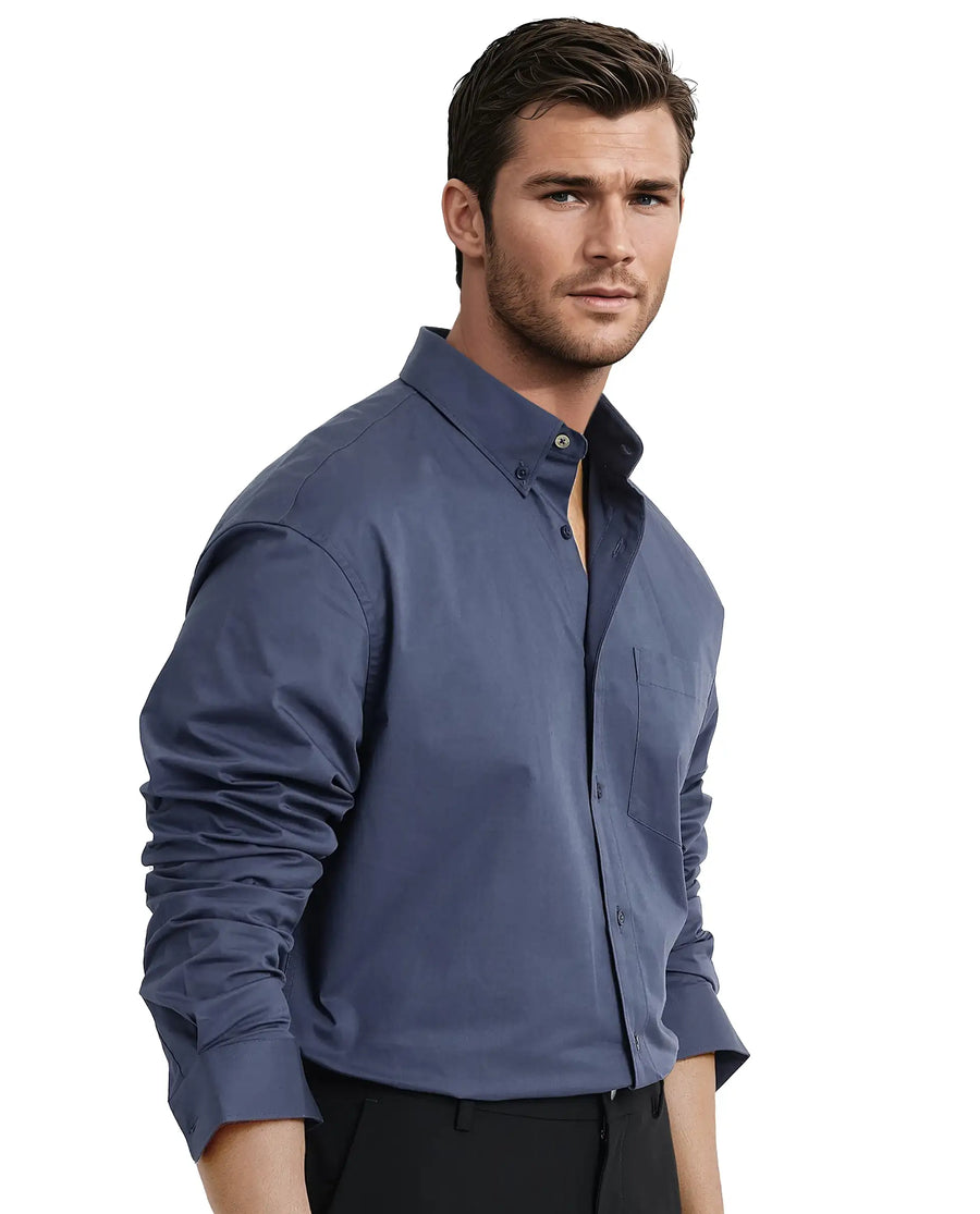 Rare Rabbit Men's Zord Dusky Blue Cotton Plain Boxy Fit Full Sleeve Collared Shirt