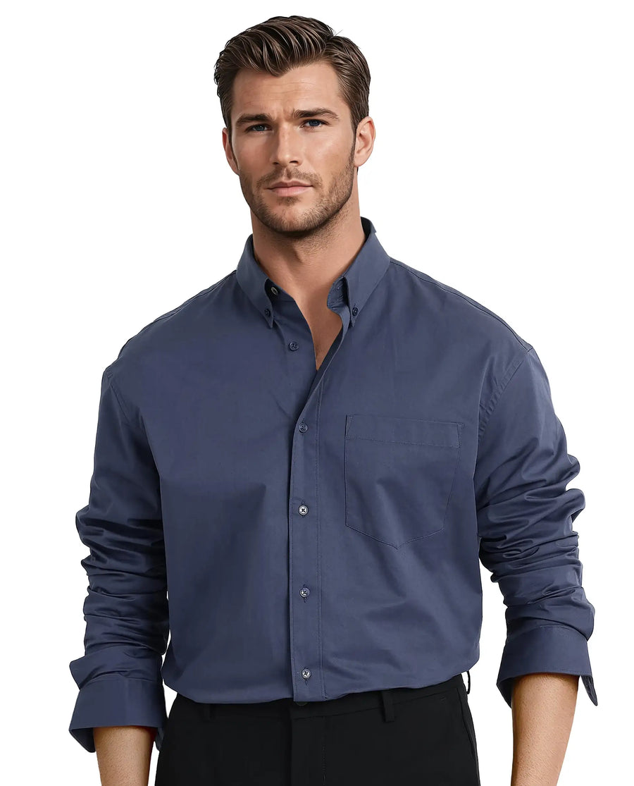Rare Rabbit Men's Zord Dusky Blue Cotton Plain Boxy Fit Full Sleeve Collared Shirt