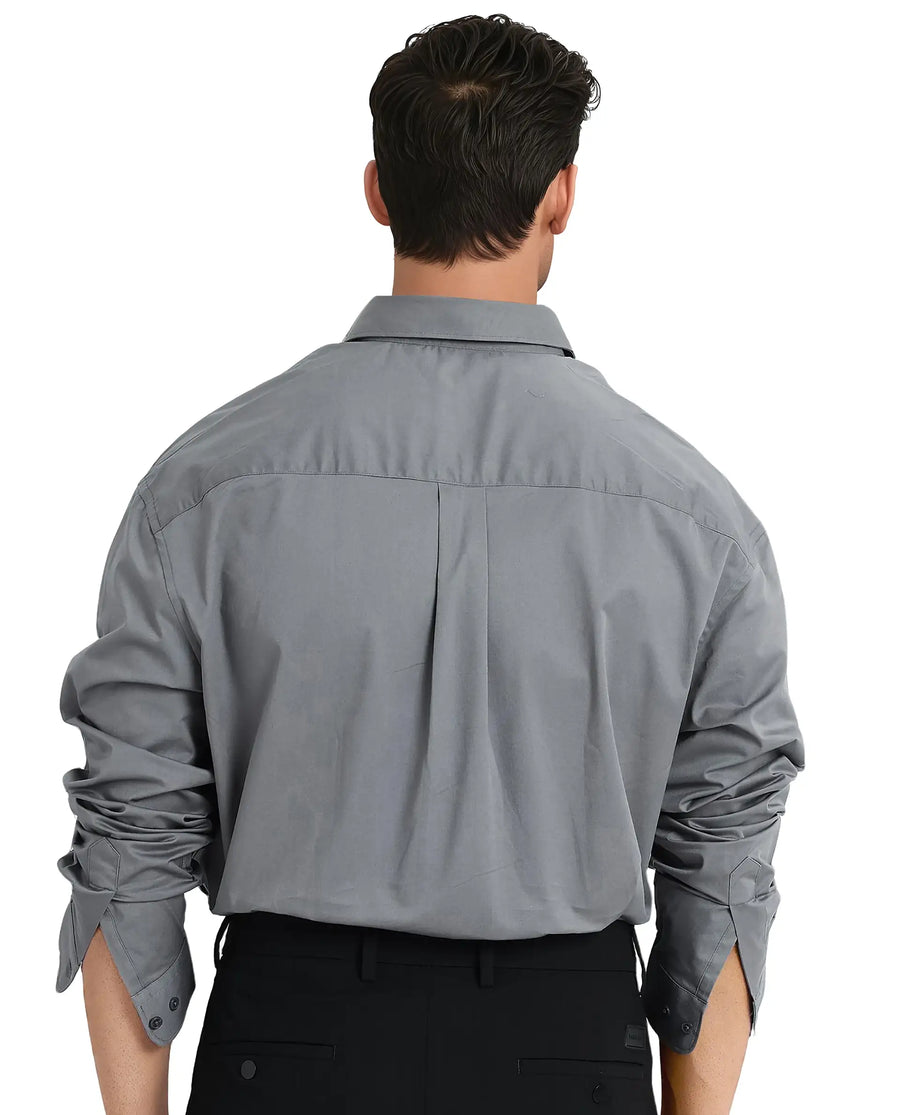 Rare Rabbit Men's Zord Grey Cotton Plain Boxy Fit Full Sleeve Collared Shirt