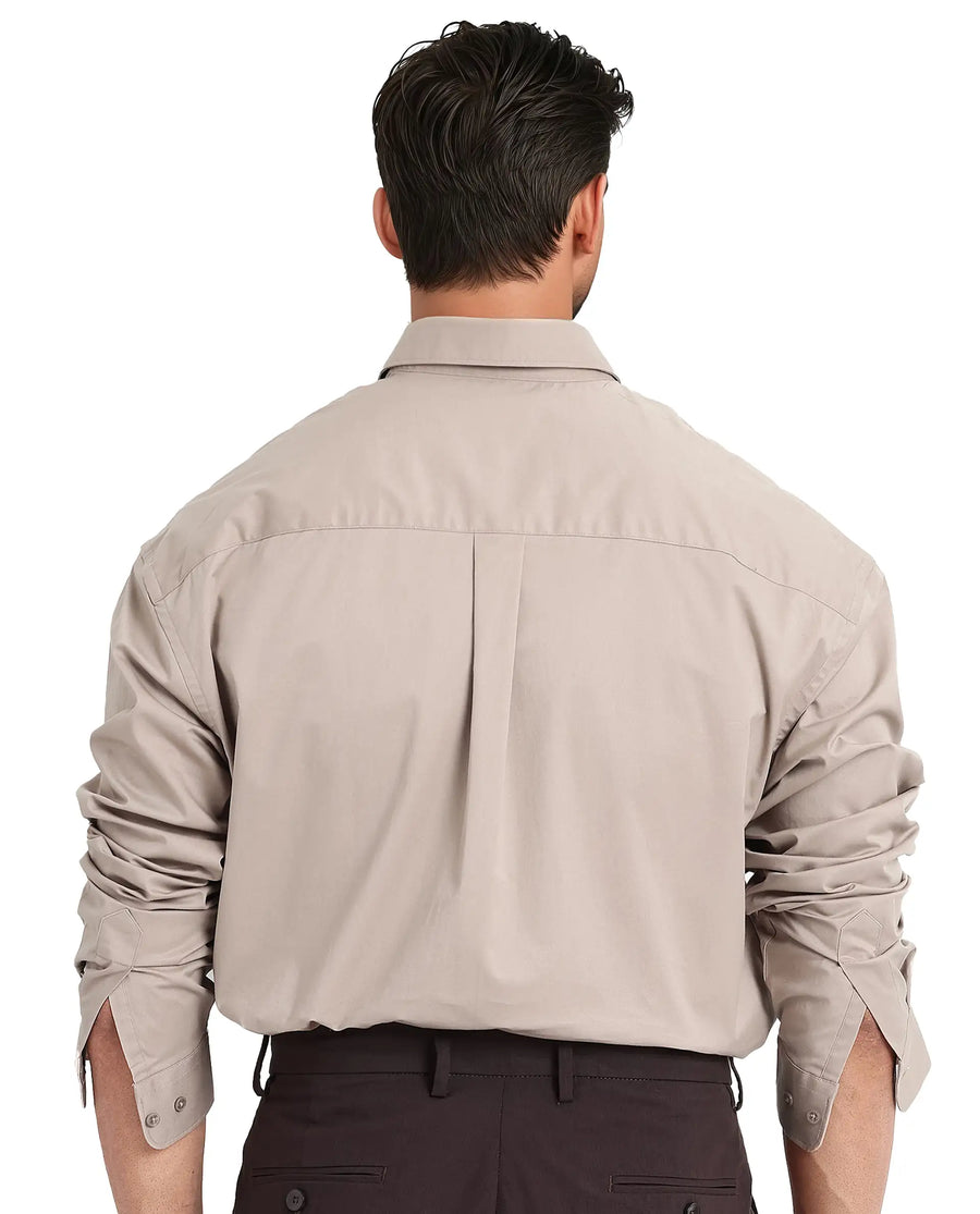 Rare Rabbit Men's Zord Light Beige Cotton Plain Boxy Fit Full Sleeve Collared Shirt