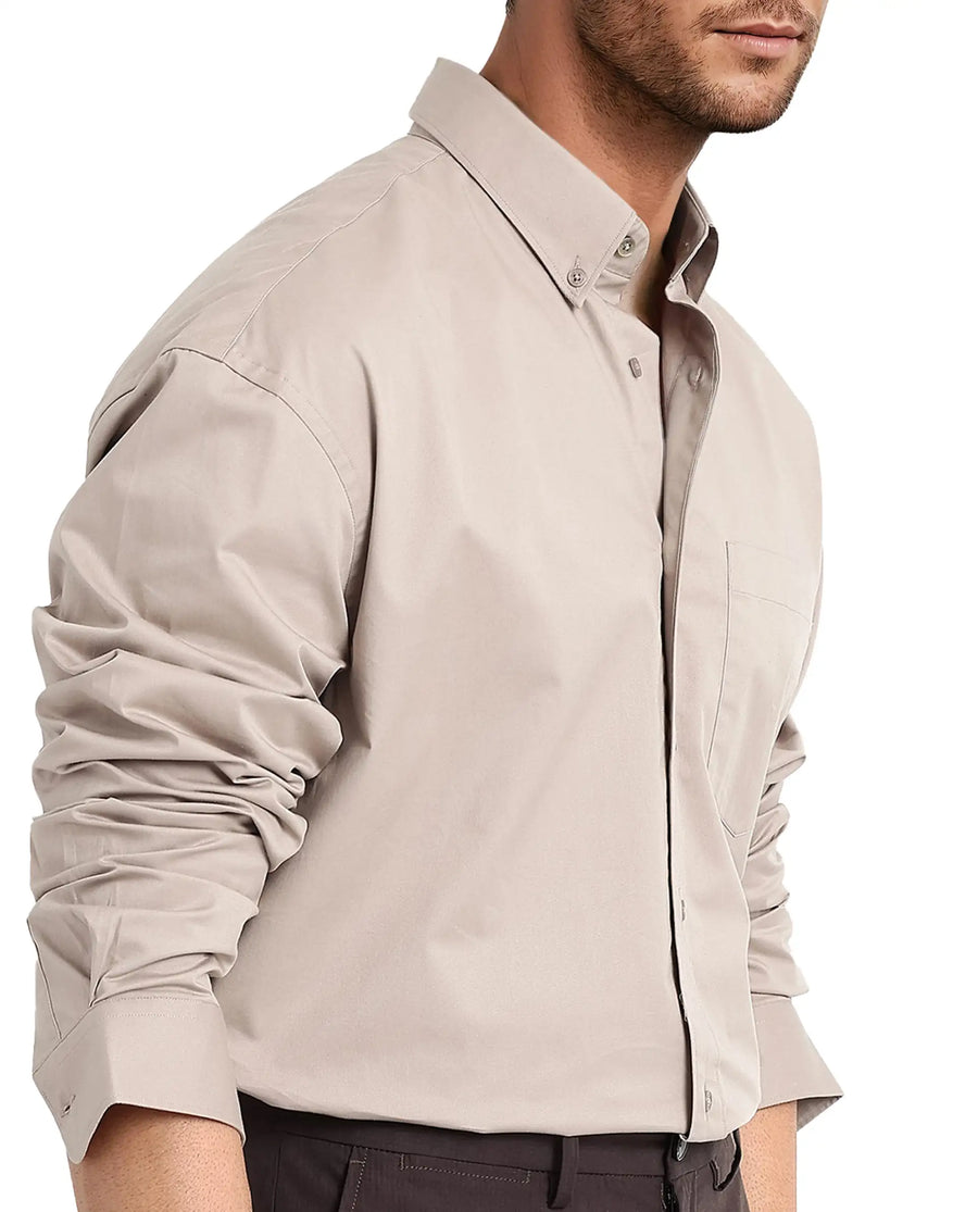 Rare Rabbit Men's Zord Light Beige Cotton Plain Boxy Fit Full Sleeve Collared Shirt