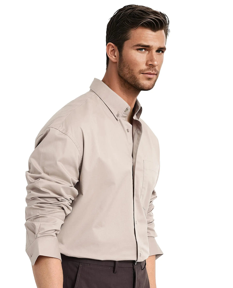 Rare Rabbit Men's Zord Light Beige Cotton Plain Boxy Fit Full Sleeve Collared Shirt