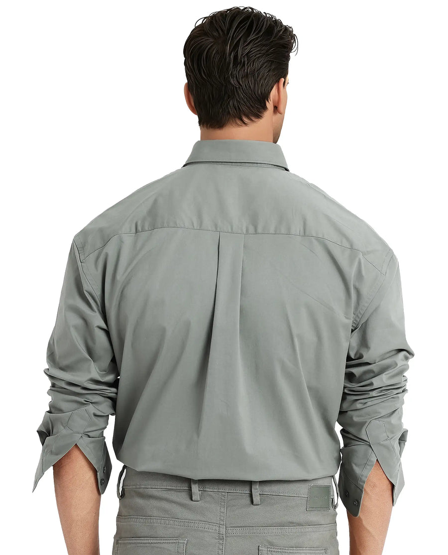 Rare Rabbit Men's Zord Green Cotton Plain Boxy Fit Full Sleeve Collared Shirt