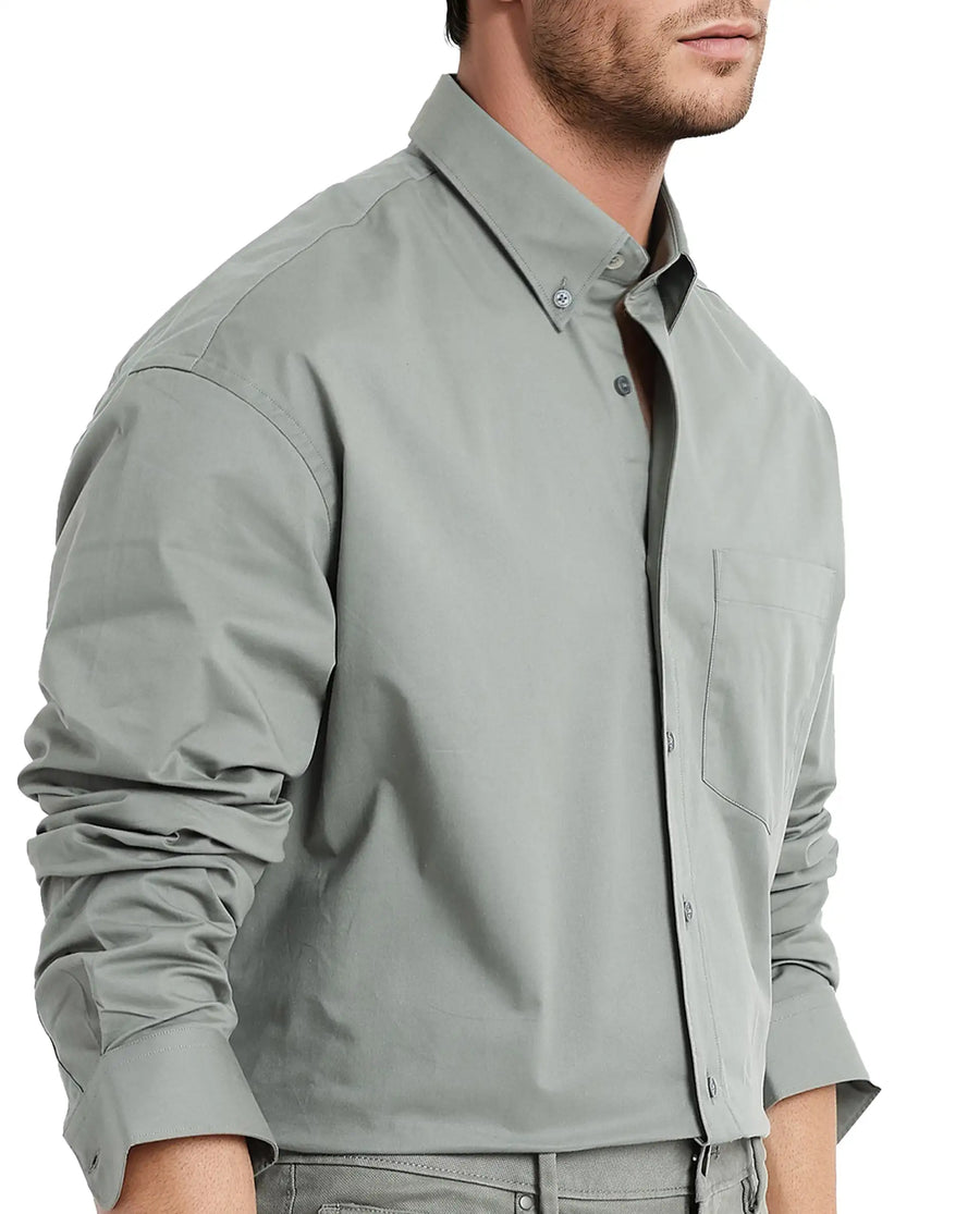 Rare Rabbit Men's Zord Green Cotton Plain Boxy Fit Full Sleeve Collared Shirt