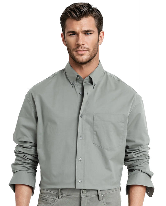 Rare Rabbit Men's Zord Green Cotton Plain Boxy Fit Full Sleeve Collared Shirt