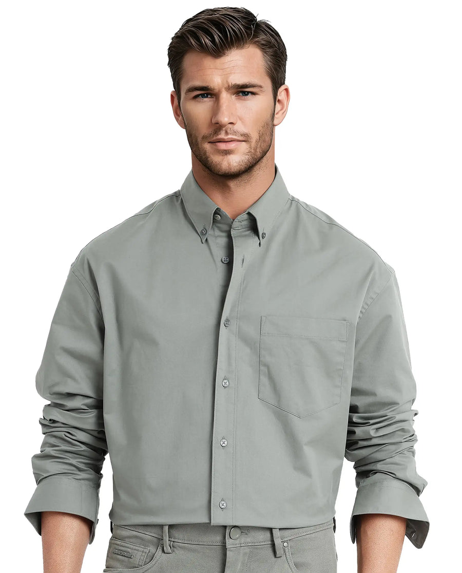 Rare Rabbit Men's Zord Green Cotton Plain Boxy Fit Full Sleeve Collared Shirt
