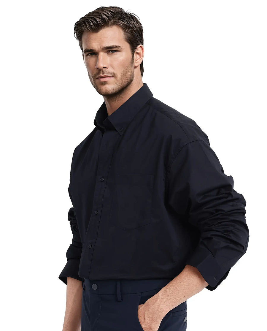 Rare Rabbit Men's Zord Navy Cotton Plain Boxy Fit Full Sleeve Spread Collar Shirt