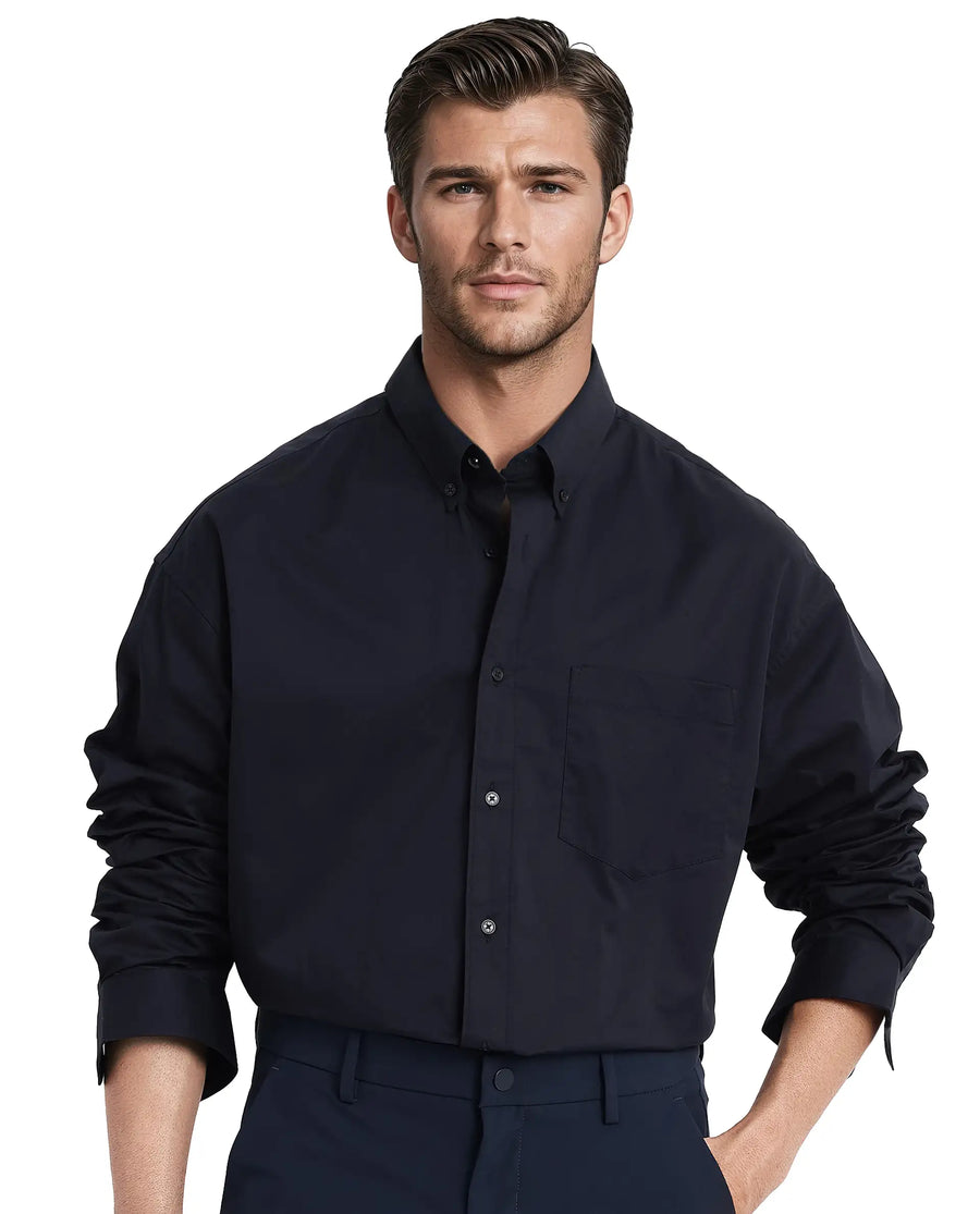 Rare Rabbit Men's Zord Navy Cotton Plain Boxy Fit Full Sleeve Spread Collar Shirt