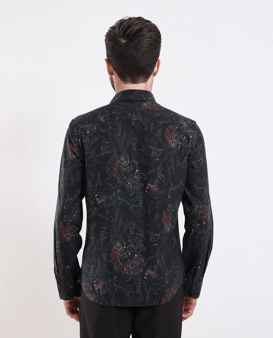 Rare Rabbit Men's Zoric Black Cotton Blend Fabric Full Sleeve Collared Neck Floral Print Shirt