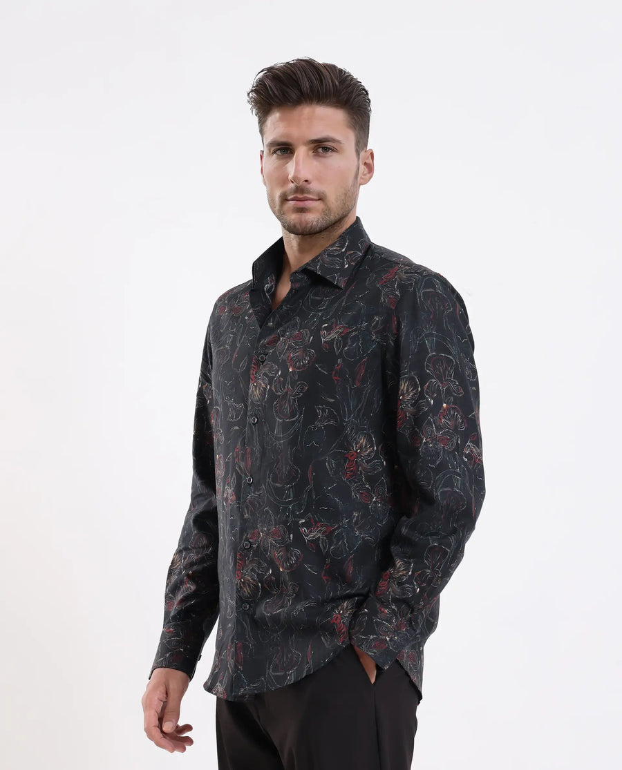 Rare Rabbit Men's Zoric Black Cotton Blend Fabric Full Sleeve Collared Neck Floral Print Shirt