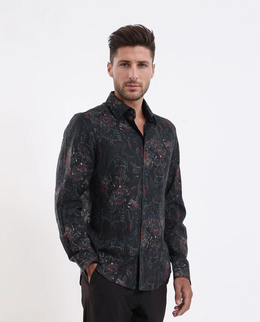 Rare Rabbit Men's Zoric Black Cotton Blend Fabric Full Sleeve Collared Neck Floral Print Shirt