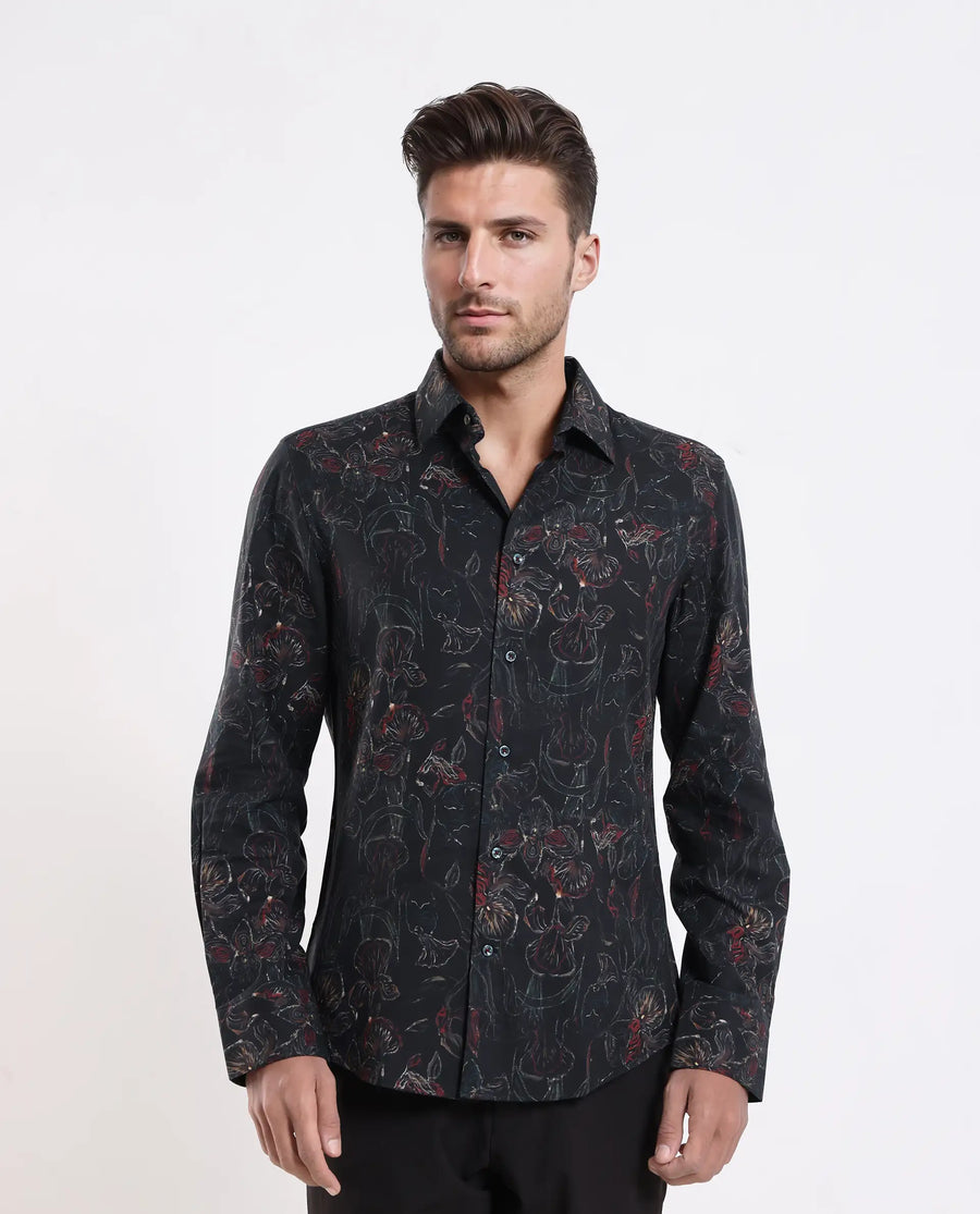 Rare Rabbit Men's Zoric Black Cotton Blend Fabric Full Sleeve Collared Neck Floral Print Shirt