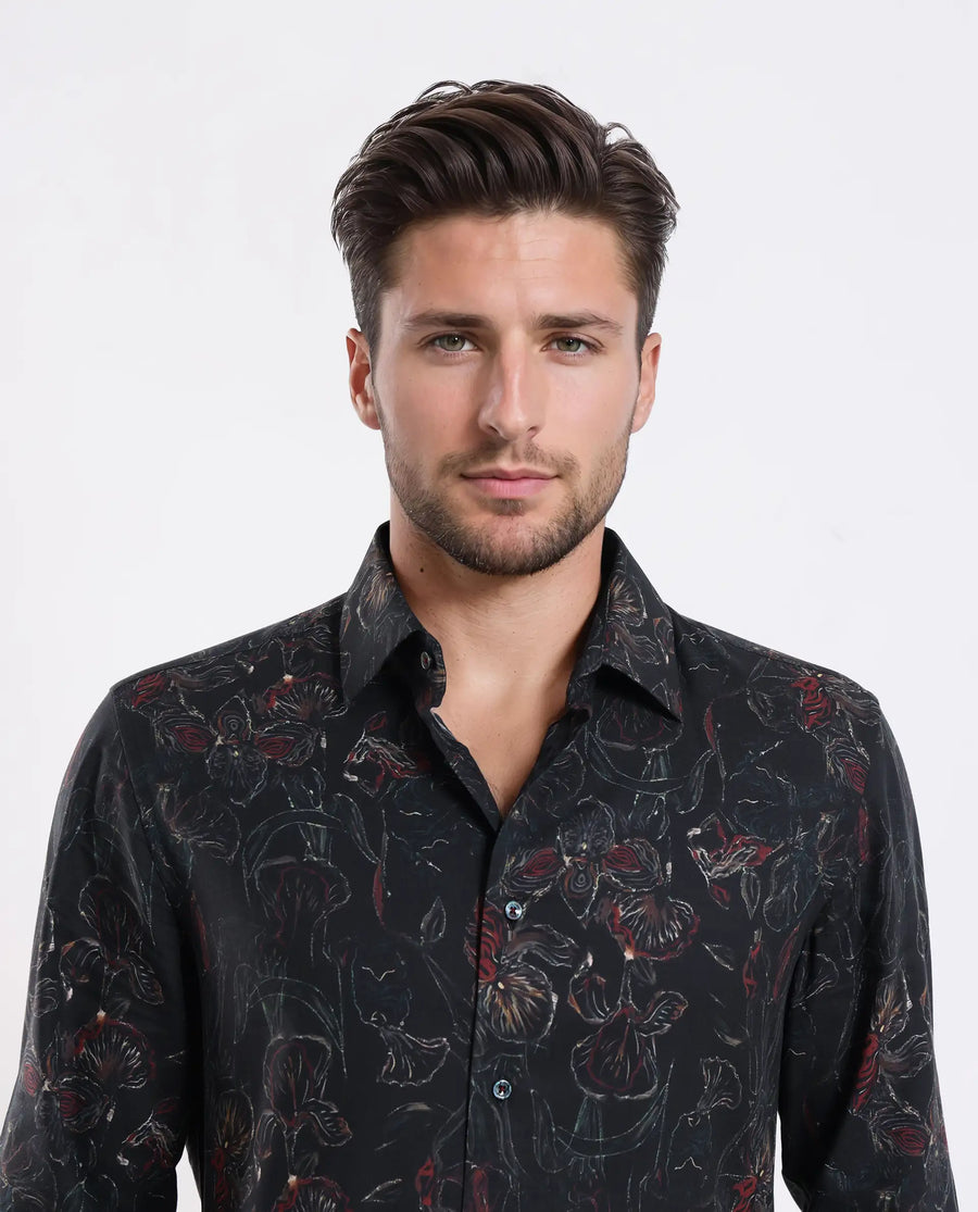 Rare Rabbit Men's Zoric Black Cotton Blend Fabric Full Sleeve Collared Neck Floral Print Shirt