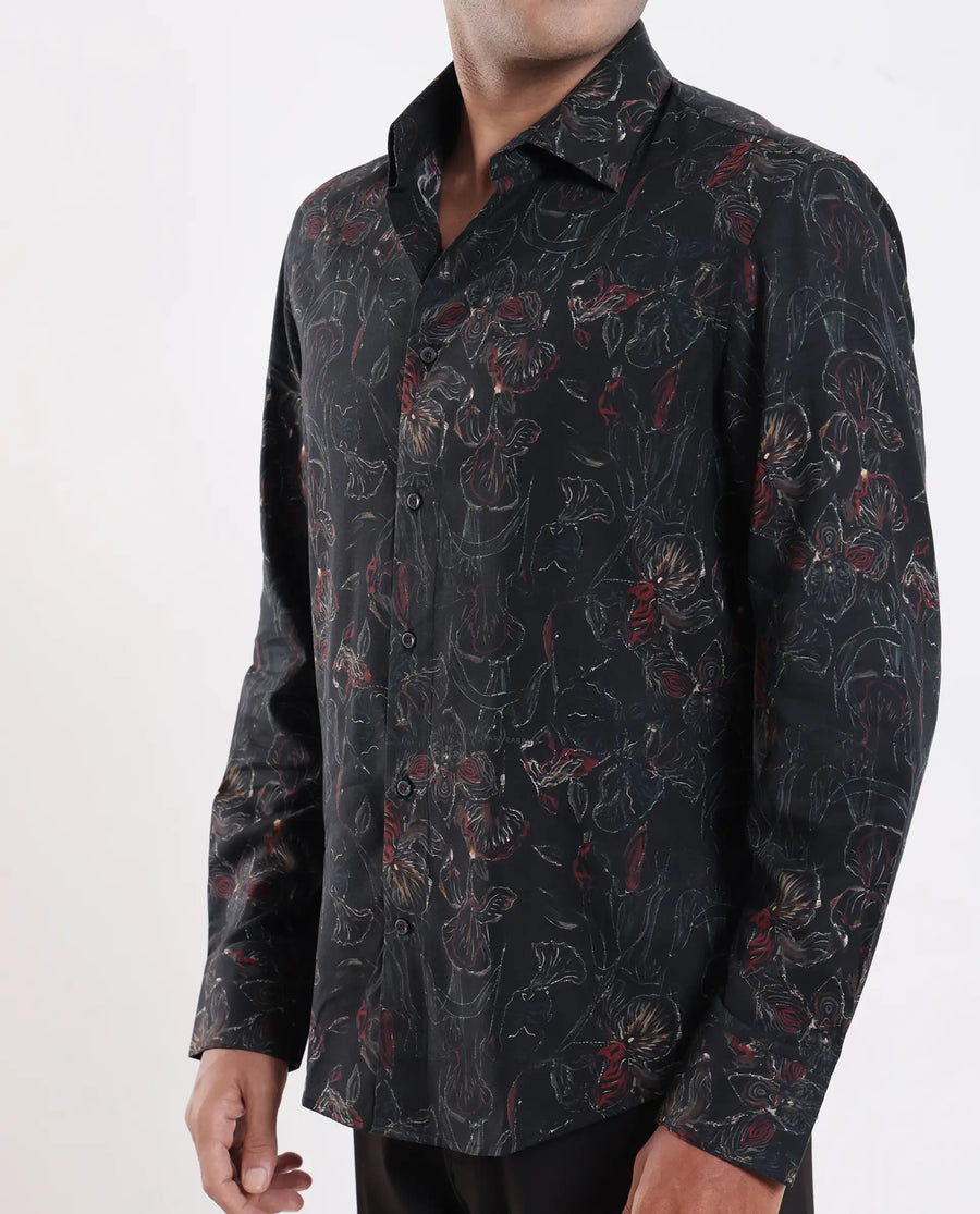 Rare Rabbit Men's Zoric Black Cotton Blend Fabric Full Sleeve Collared Neck Floral Print Shirt