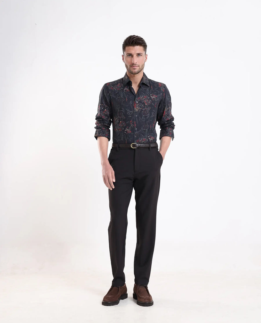 Rare Rabbit Men's Zoric Black Cotton Blend Fabric Full Sleeve Collared Neck Floral Print Shirt