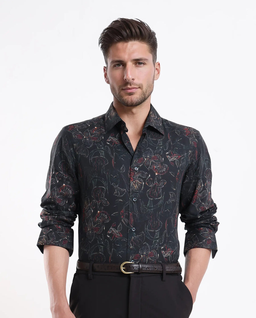 Rare Rabbit Men's Zoric Black Cotton Blend Fabric Full Sleeve Collared Neck Floral Print Shirt
