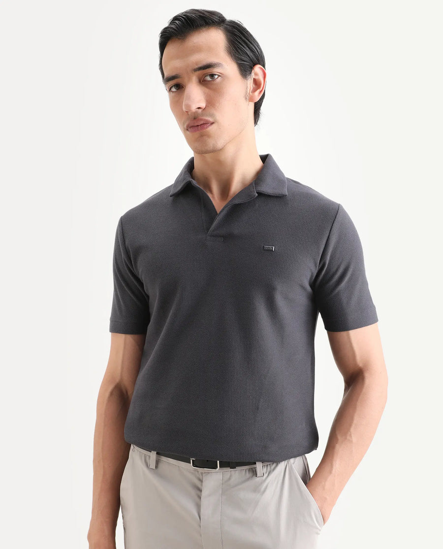 Rare Rabbit Men's Zorv-S26 Dark Grey Cotton Fabric Half Sleeve Cuban Collar Regular Fit Textured Polo