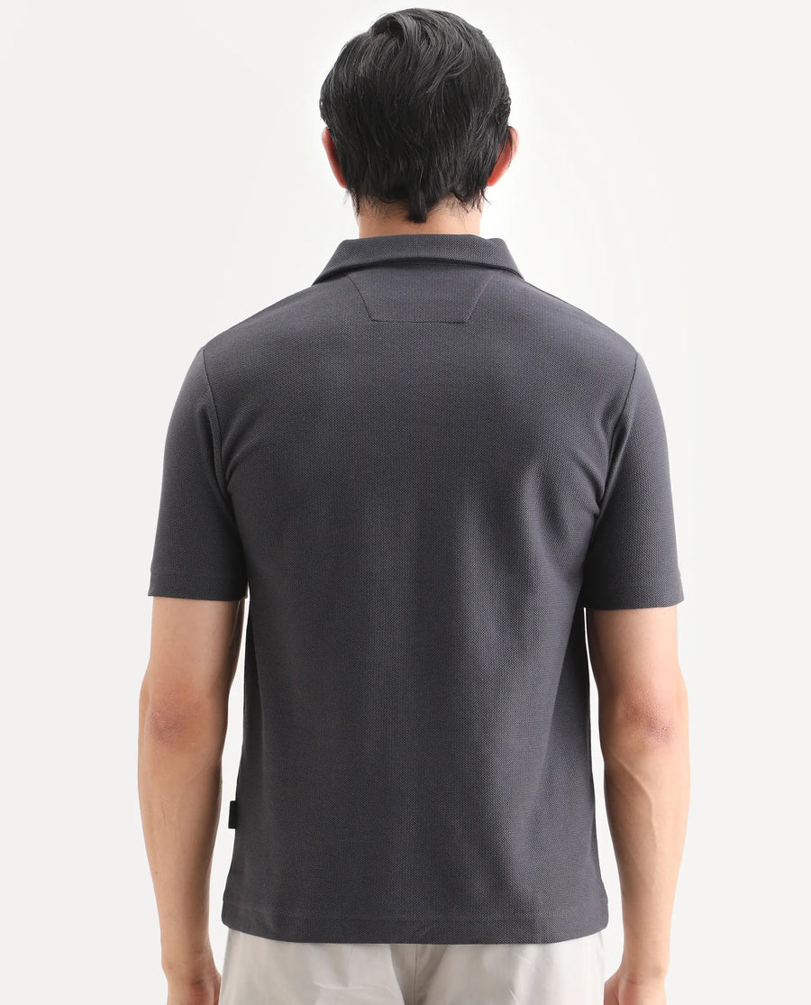 Rare Rabbit Men's Zorv-S26 Dark Grey Cotton Fabric Half Sleeve Cuban Collar Regular Fit Textured Polo
