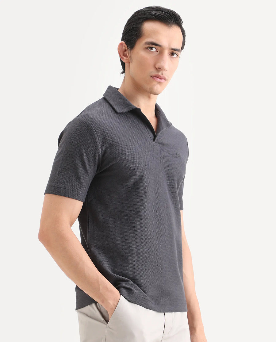 Rare Rabbit Men's Zorv-S26 Dark Grey Cotton Fabric Half Sleeve Cuban Collar Regular Fit Textured Polo